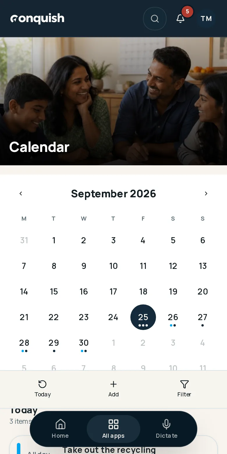 Conquish mobile app showing a fictional household calendar
