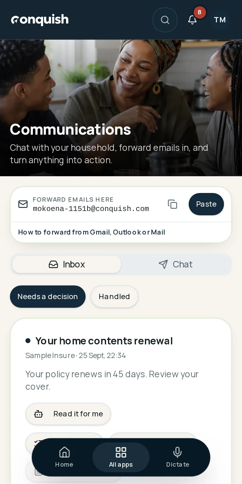 Conquish mobile app showing the household inbox with suggested actions for forwarded messages using fictional household data