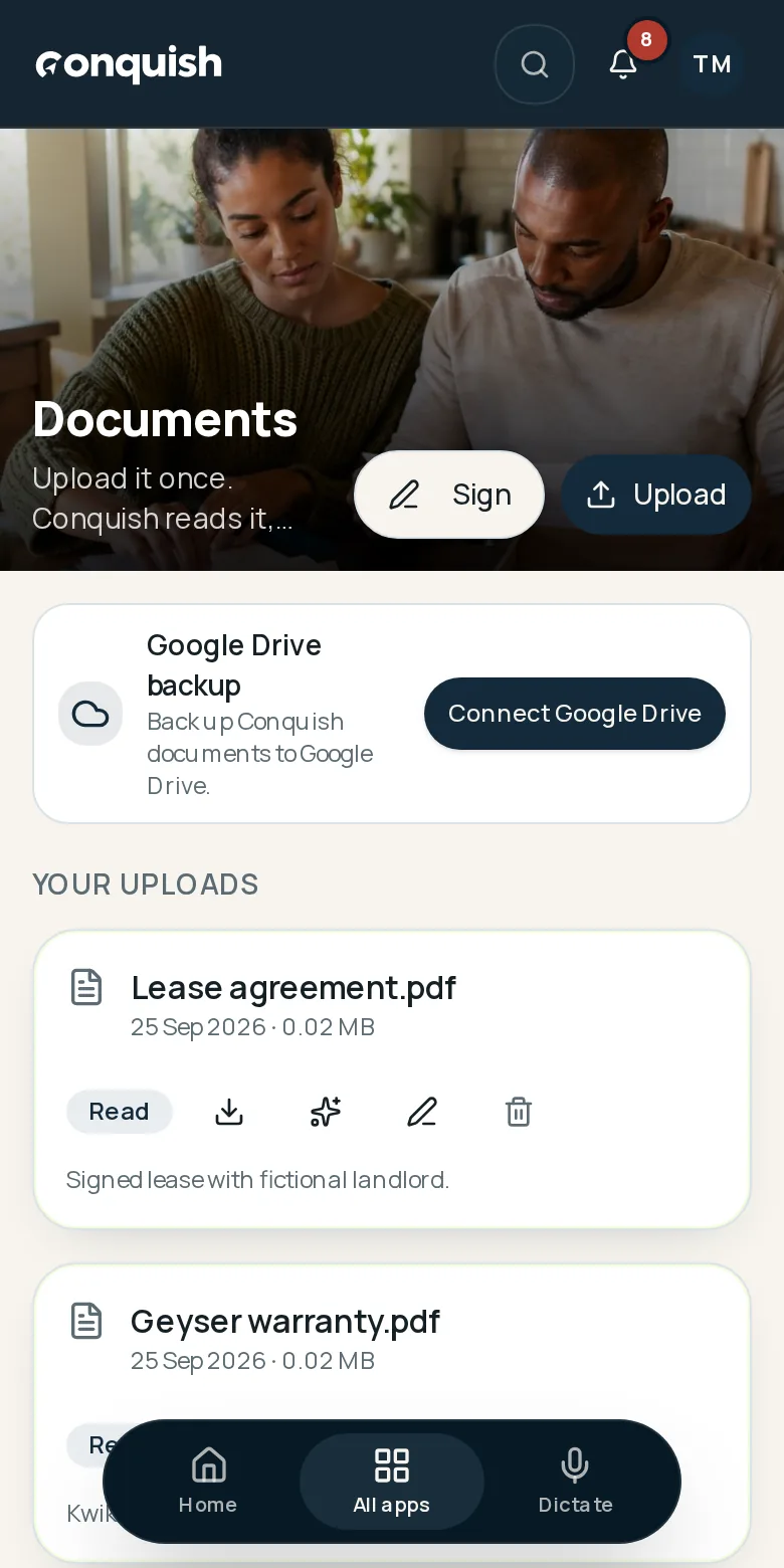 Conquish mobile app showing private household documents and extracted record details using fictional household data