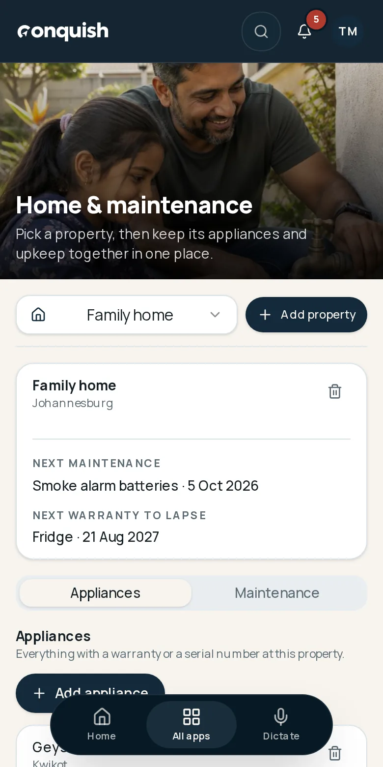 Conquish mobile app showing a property, appliances and upcoming maintenance history using fictional household data