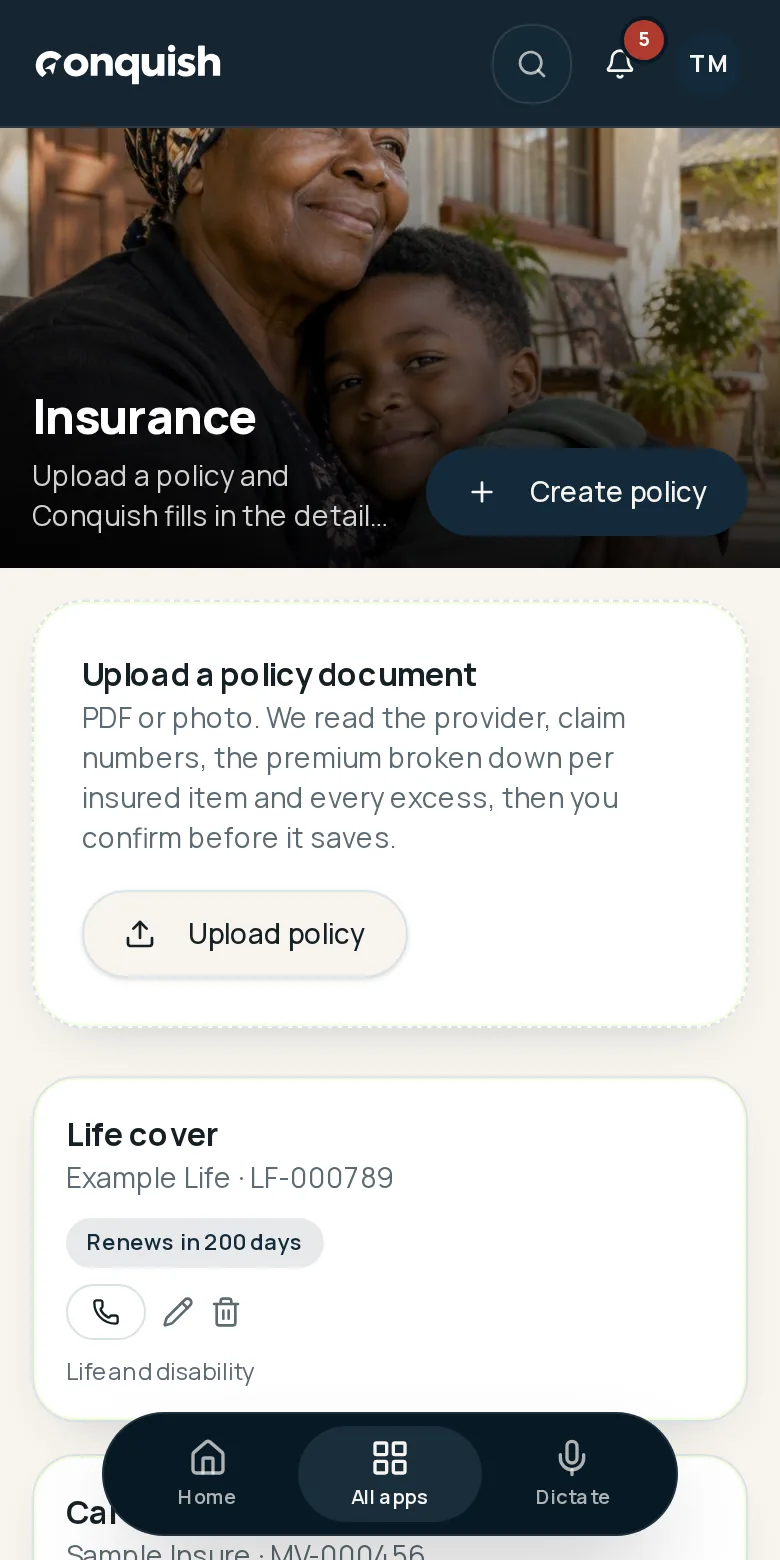 Conquish mobile app showing household insurance policy details, cover and renewal information using fictional household data