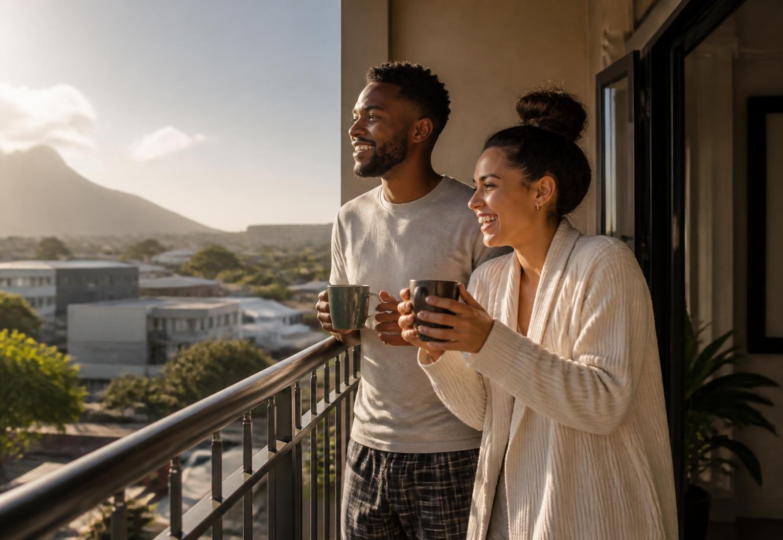 A couple on their balcony with coffee, watching the morning go by