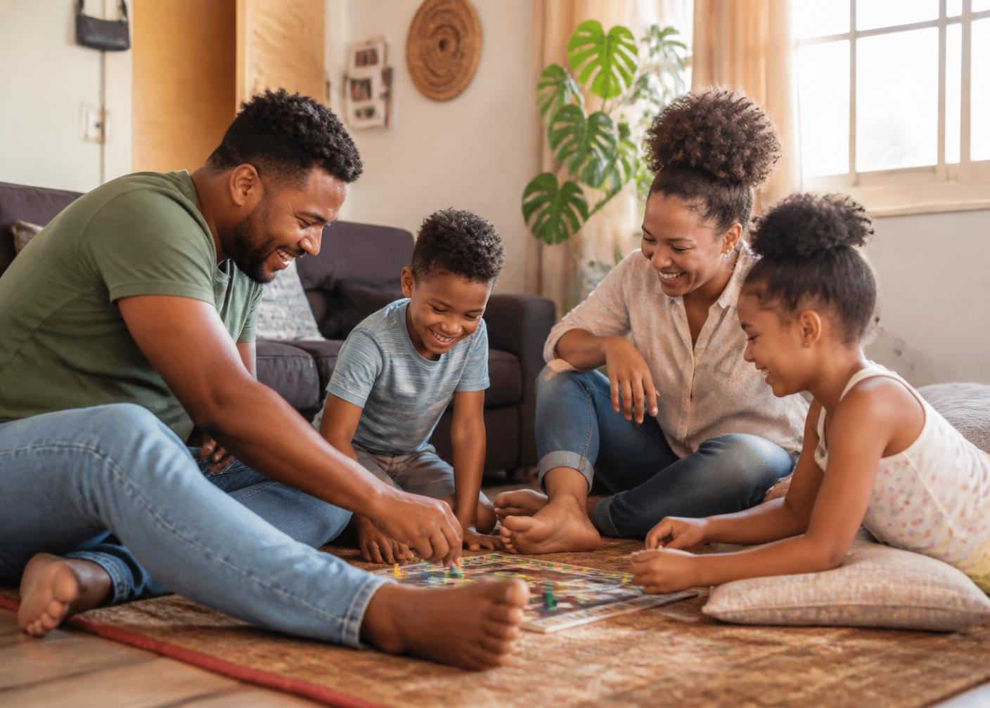 A family playing a board game together on the living room floor