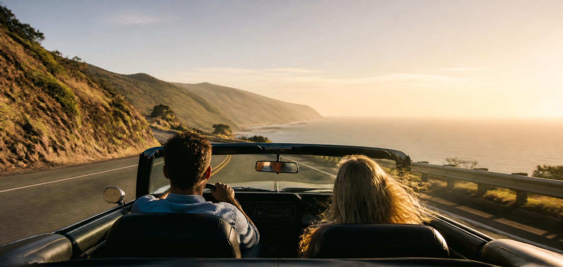 An open coastal road at golden hour