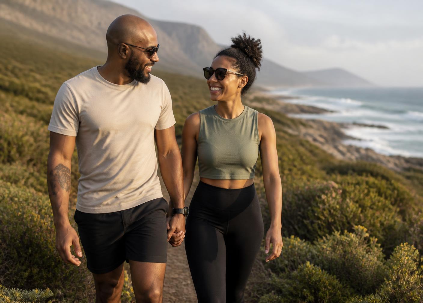 A couple walking a coastal path in the late afternoon