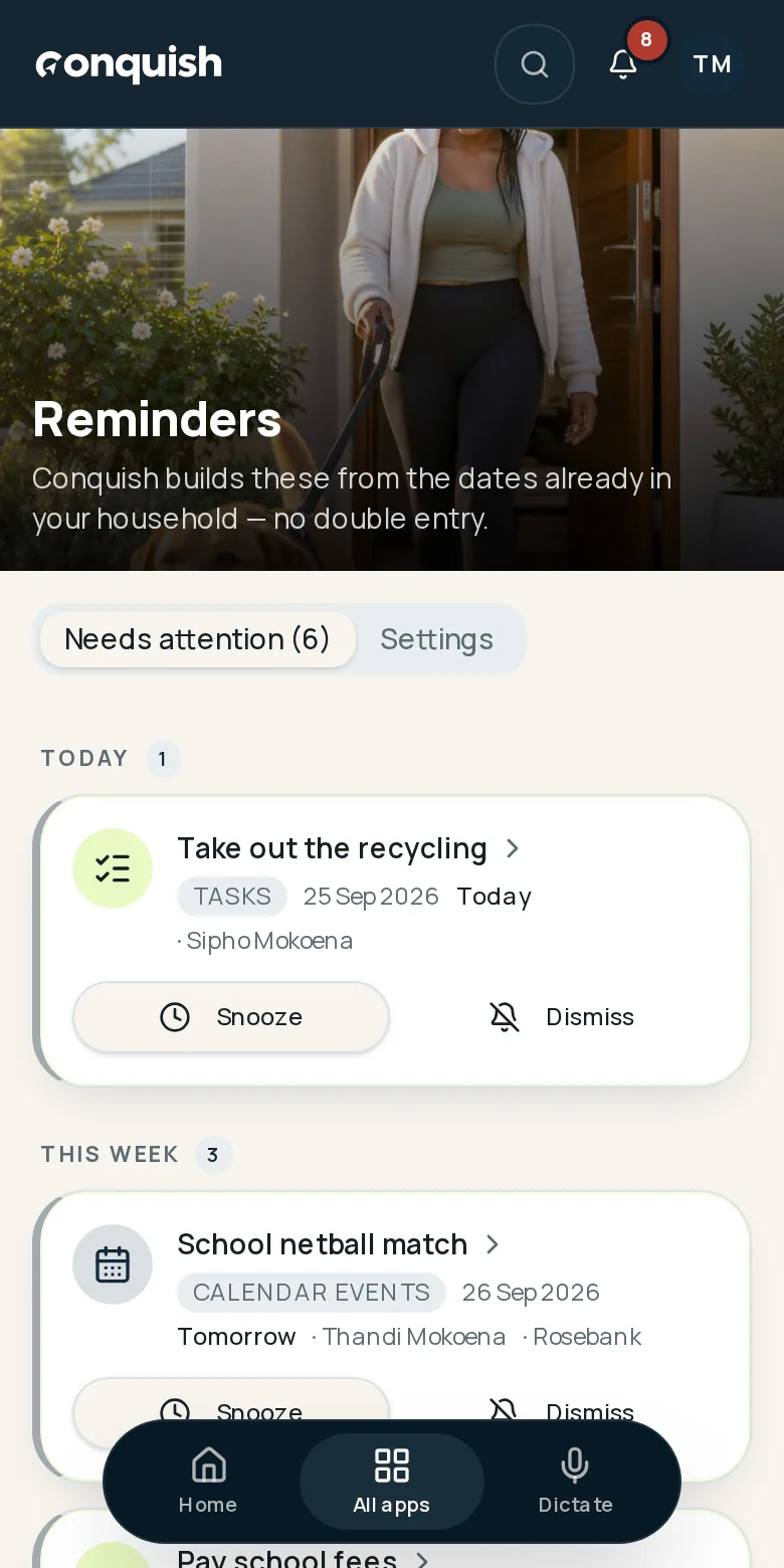 Conquish mobile app showing upcoming household reminders and items needing attention using fictional household data