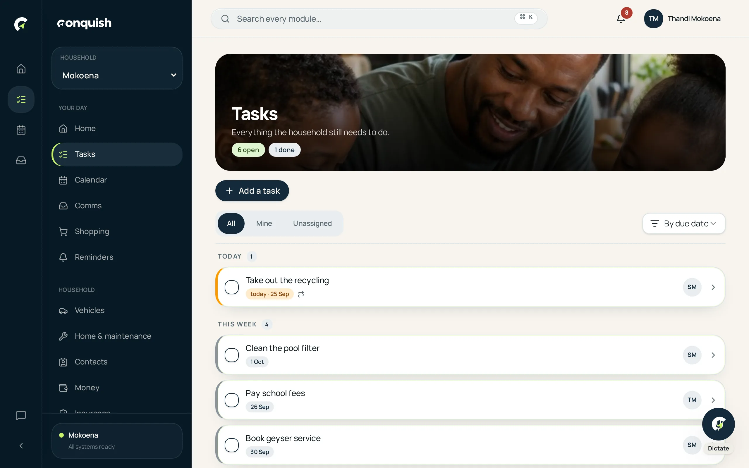 Conquish desktop app showing a fictional household task list